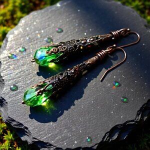 Extra Long! Fall!!! Extra Gorgeous! Copper Filigree & Green Glass Danglers!